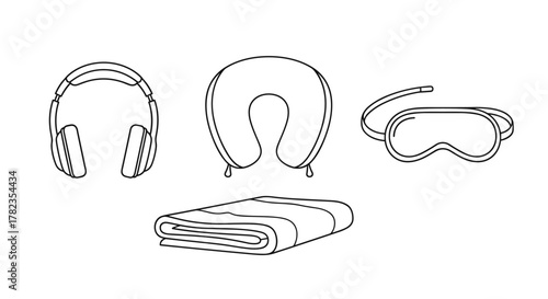 Collection of essential items for comfortable air travel, presented as clean outline icons: noise-canceling headphones, a supportive neck pillow, a cozy blanket, and a sleep mask for relaxation