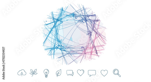 Abstract gradient watercolor lines cross isolated on white round shape background, watercolour stains aquarelle texture blue pink, ordered line icons for cloud upload, plant, lightbulb, leaf, chat