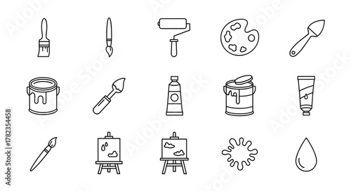 Collection of painting-related icons, featuring various painting tools like brushes, paint rollers, palettes, paint cans, tubes of paint, easels with canvases, paint splatters, and water drops