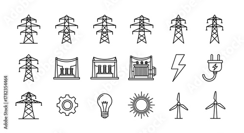 Collection of electric power transmission tower icons, electricity pylons, energy grid symbols, high voltage line illustrations, and related infrastructure elements, including transformers, lightning