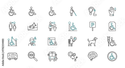 Comprehensive set of vector line icons representing disability and accessibility, including wheelchair users, ramps, accessible restrooms, parking, guide dogs, crutches, and medical symbols, all