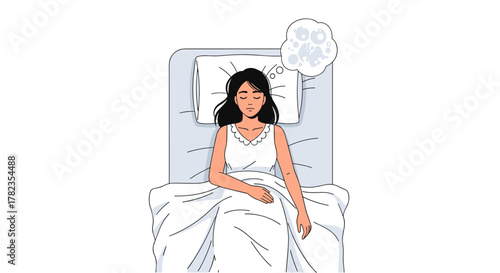 Overhead view of a young woman sleeping peacefully in bed on a hot summer night, wearing a nightgown, dreaming with a thought bubble above her head, representing relaxation and rest, flat vector