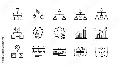 A collection of minimalist line icons representing workflow processes, flowcharts, organizational structures, and automation. This set includes business project management, productivity, sequence