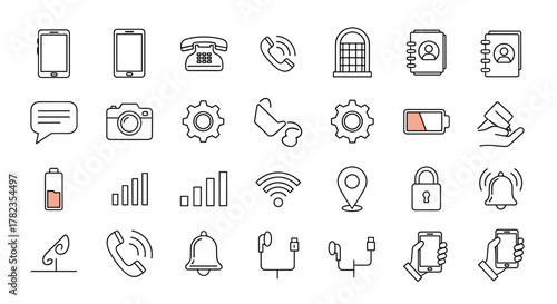 A comprehensive set of clean, linear outline icons representing various smartphone and communication-related elements, including phones, messages, cameras, settings, battery levels, Wi-Fi signals