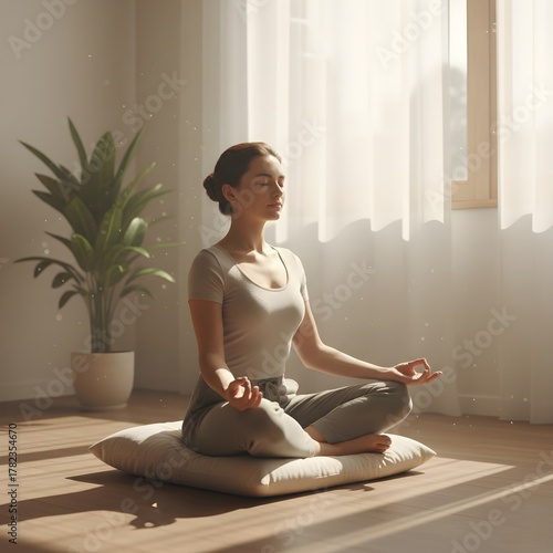 Woman Meditating in Sunlit Room