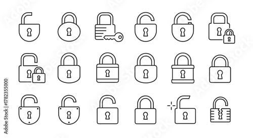 Collection of various padlock icons, including locked, unlocked, and broken locks, presented as a clean vector set on a white background, symbolizing security, privacy, and access control. This