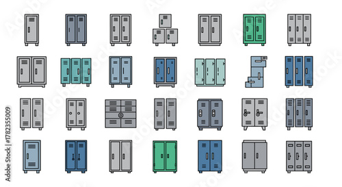 Collection of diverse locker icons in various colors and configurations, including single-door, double-door, multi-unit, and stacked designs, perfect for web, apps, and print, presented as editable