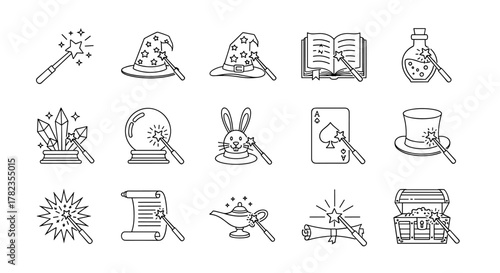 Collection of magic wand related icons, including a wizard hat, spellbook, potion bottle, crystal ball, rabbit, playing card, top hat, scroll, genie lamp, and treasure chest, all rendered in a clean