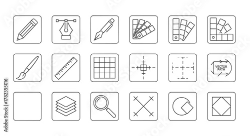 Minimalist graphic design icon set featuring essential tools and concepts like pencil, pen, paintbrush, ruler, color swatches, grid, vector path, layers, and magnifying glass, presented as clean line