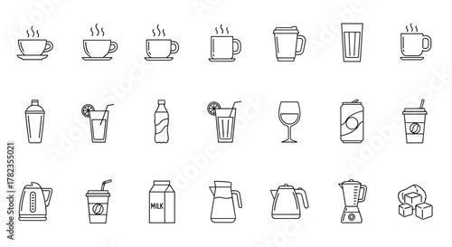 A comprehensive collection of 21 beverage-related line icons, featuring steaming coffee cups, refreshing juices, water bottles, wine glasses, soda cans, and takeaway coffee cups, alongside essential