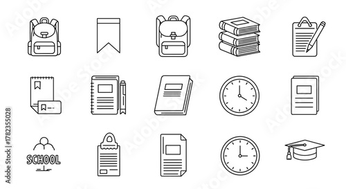 Collection of School and University Related Line Icons, Editable Stroke for Design, Web Sites, Apps, Cards, Featuring Linear Images of Backpack, Bookmark, Stack of Books, Clipboard with Pencil