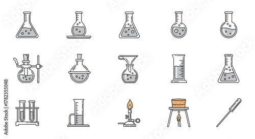 A collection of 15 flat design line icons representing various laboratory flasks, beakers, test tubes, funnels, burners, and pipettes, perfect for science, education, and research-themed graphic and