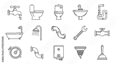 Collection of plumbing icons and symbols in outline style, featuring a faucet with dripping water, toilets, a sink, bathtub, shower, pipes, wrench, valve, water heater, filter, plunger, and timer