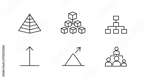 Set of outline icons representing business concepts: pyramid chart, hierarchical cubes, organizational structure, upward trend arrow, growth triangle, and team hierarchy. Clean line art symbols for