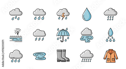 Set of modern outline style icons representing rain and weather phenomena, including clouds, raindrops, lightning, umbrella, puddles, rain boots, and a raincoat, perfect for design projects, cards