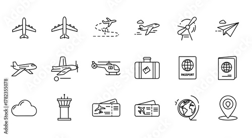 Collection of minimalist line art icons representing air travel and transportation, including various airplane types, a helicopter, a propeller plane, a paper airplane, a luggage suitcase, passports
