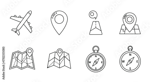 Collection of outline travel icons including an airplane, map pins, folded maps, and compasses, representing journey, navigation, and destination. These minimalist vector graphics are perfect for web