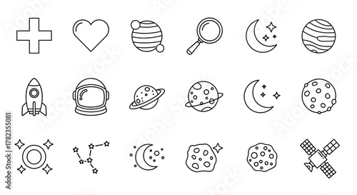 A charming collection of outline icons representing space exploration and celestial bodies, including a plus sign, heart, magnifying glass, planets, moon, stars, rocket ship, astronaut helmet