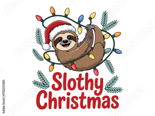 A happy sloth wearing a Santa hat, entangled in Christmas lights, wishing a Slothy Christmas.