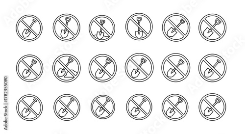 Set of line icons representing a shovel with a prohibition sign, indicating 'no digging' or 'prohibited activity' in various contexts, presented on a clean white background, perfect for signage and
