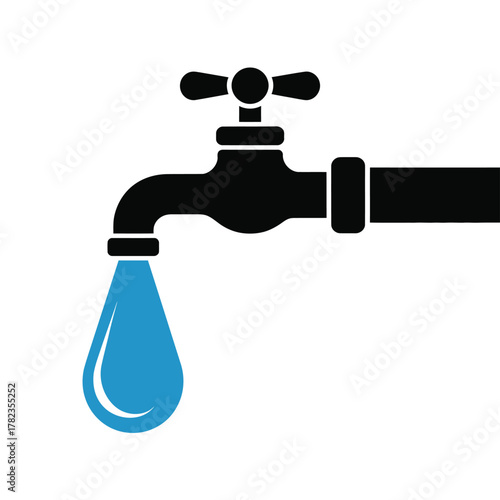 A faucet drips a single drop of blue water against a white background.