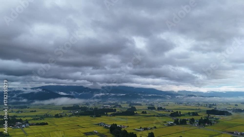 秋の早朝に地表付近に霧が発生している東北の田園風景　空撮