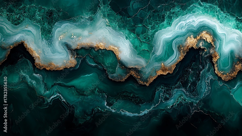 Obraz premium Abstract swirling emerald green and gold liquid marble background texture