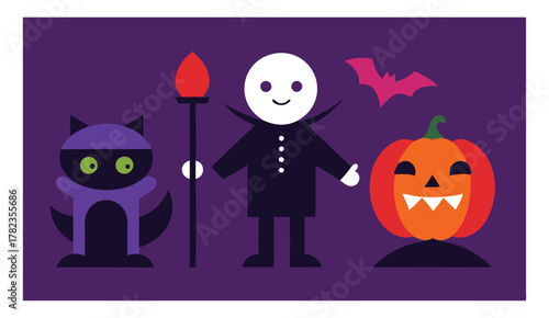 Halloween vector illustration with vampire cat bat and jackolantern design