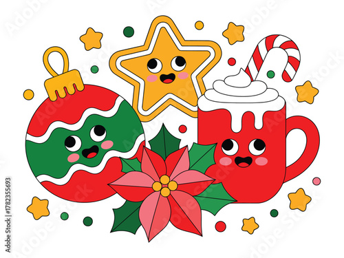 A cheerful Christmas scene features a smiling ornament, gingerbread star, and hot cocoa with a poinsettia.