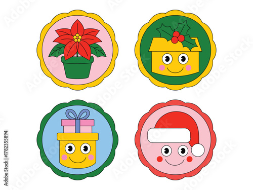 Four festive circular illustrations with a poinsettia, a gift box with holly, a gift box with a bow, and a Santa hat.