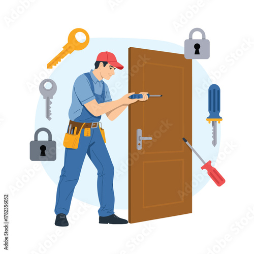 A locksmith is installing or repairing a lock on a door using a screwdriver.