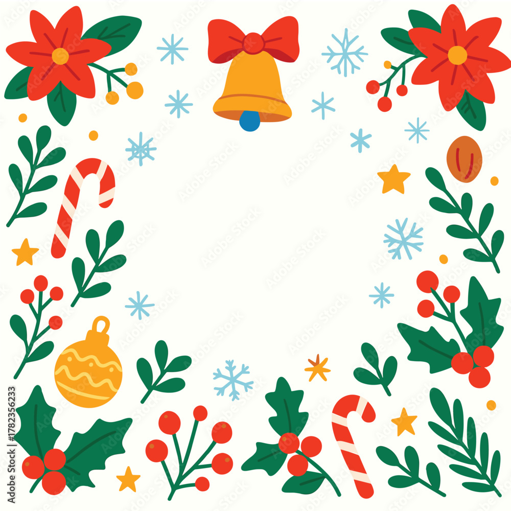 Fototapeta premium Christmas Floral Frame with Candy Cane, Bell, and Leaves