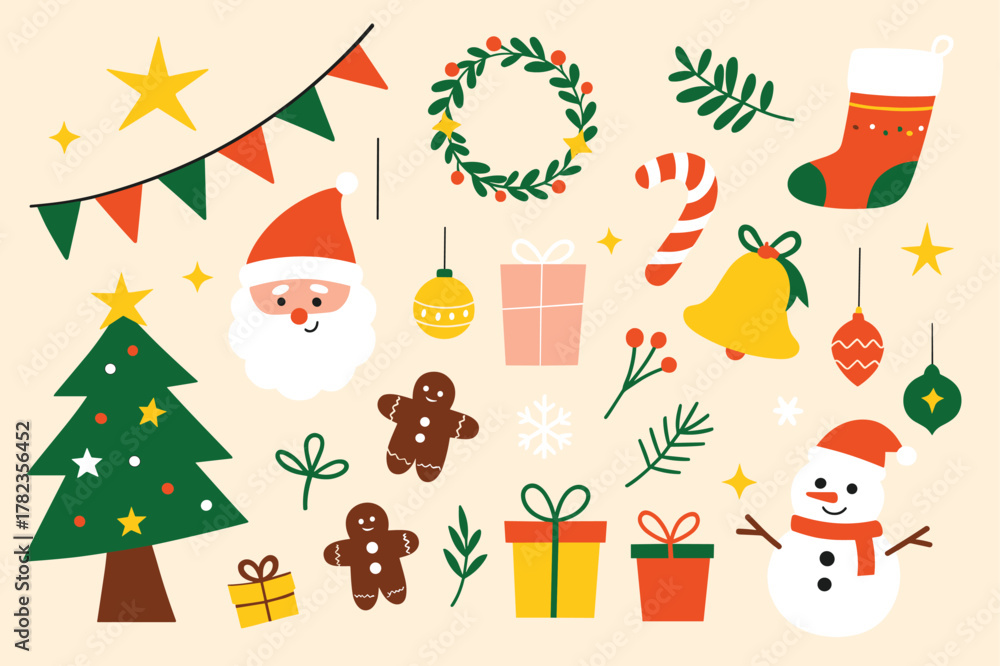Fototapeta premium Christmas Decoration Elements with Santa, Gifts, Tree, and Snowman