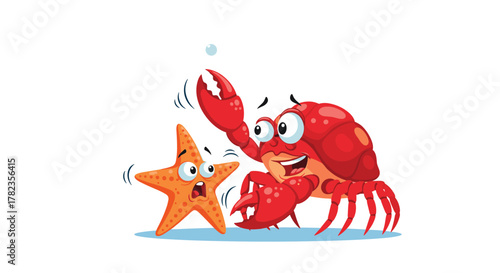 A mischievous red crab playfully surprises a scared orange starfish with its raised claw, creating a funny underwater moment.