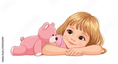 Adorable blonde cartoon girl resting on her arms, happily smiling next to her soft pink teddy bear on a white background.