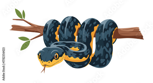 An eye-catching cartoon illustration of a blue and yellow patterned snake with its tongue out, wrapped around a tree branch with green leaves.