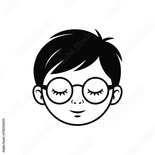 A young child wearing round glasses with eyes closed and a gentle smile.