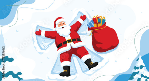Santa Claus joyfully creates a classic snow angel in the white snow, a large red sack of presents by his side in a festive winter scene.