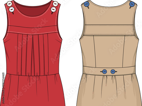Sleeveless dress illustration, button detail, pleated front, seam lines, round neckline, fashion sketch, garment design, front and back view, clothing template, vector drawing