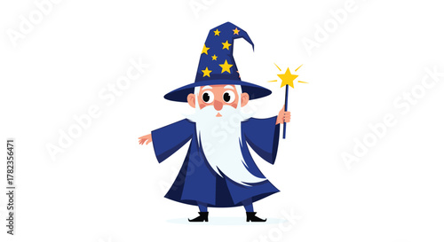 A cute cartoon wizard with a white beard, wearing a blue pointed hat with yellow stars and a matching robe, holding a star-tipped magic wand.