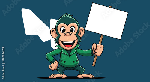 Cheerful cartoon monkey in a green coat holding a blank white sign for text, with an upward-pointing symbol in the background.
