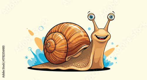 A happy cartoon snail with a big smile and expressive blue eyes, crawling forward amidst playful splashes and bubbles on a clean cream background.