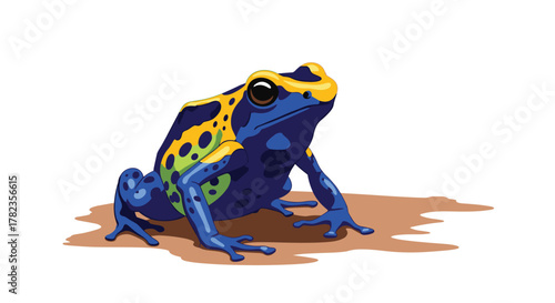 A vibrant blue poison dart frog with yellow and green markings sits on a brown ground, captured in a detailed illustration.