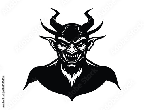 Black silhouette of a devil with horns and a menacing grin