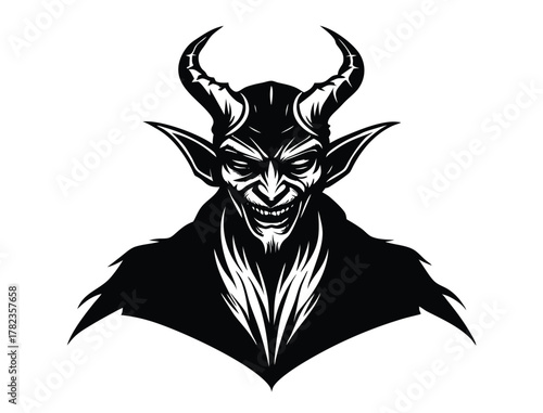 Vector illustration of a sinister looking devil with horns and grin