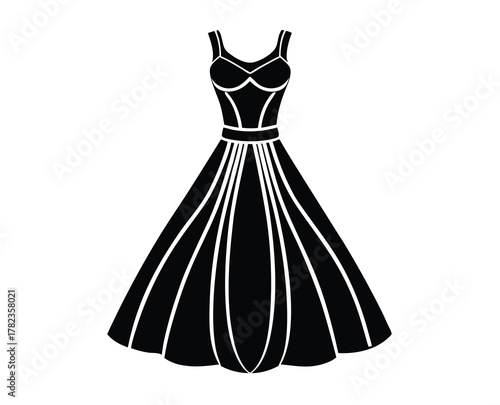 Elegant black dress silhouette with flowing skirt and sophisticated design