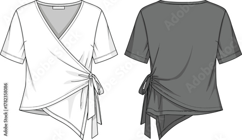 Wrap-style women’s top, short sleeves, asymmetrical hemline, fashion illustration, technical sketch, garment construction, V-neck blouse, front and back view, vector template