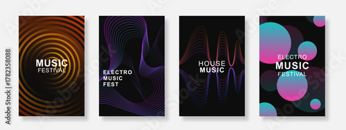 Gradient music poster background set. Electro Sound Cover template with geometric shape design. Suitable for club, party, music festival, social media, banner. Vector