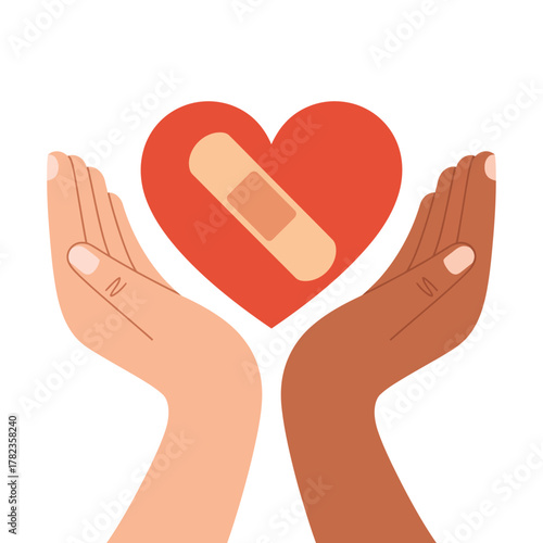 Two diverse hands gently cradle a red heart with a bandage, symbolizing care and healing.