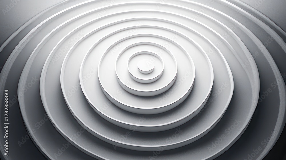 Obraz premium Concentric circular white rings stacked in a smooth gradient gray environment creating a 3D abstract layered pattern